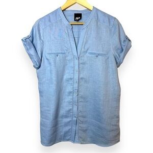 Vintage L 100% LINEN Light Blue Short Sleeve Lightweight Button Down Shirt Top